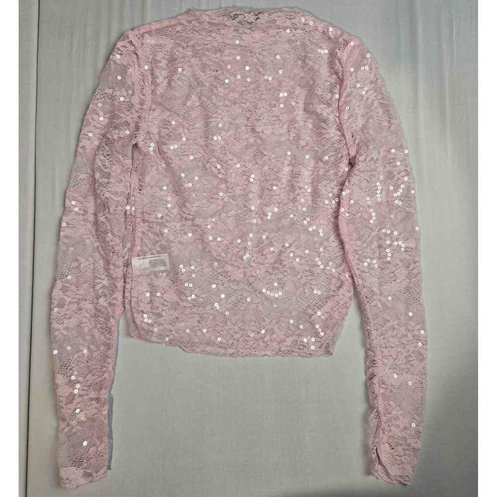 Wild Fable Pink Sequin Floral Lace Mock Neck Long Sleeve Top Small NWT - Picture 2 of 5